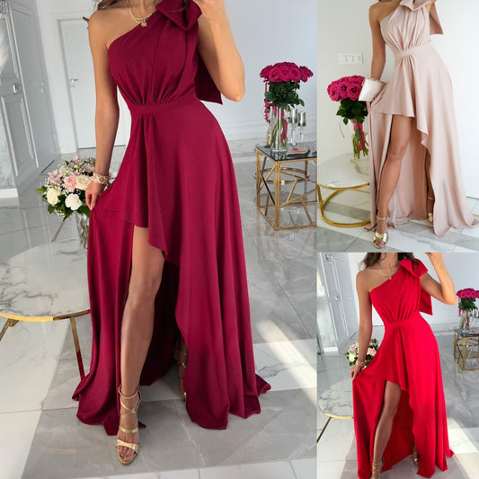 Spring and Summer New Off-the-Shoulder Bow Slit Dress INS Casual Flare Dress for Women