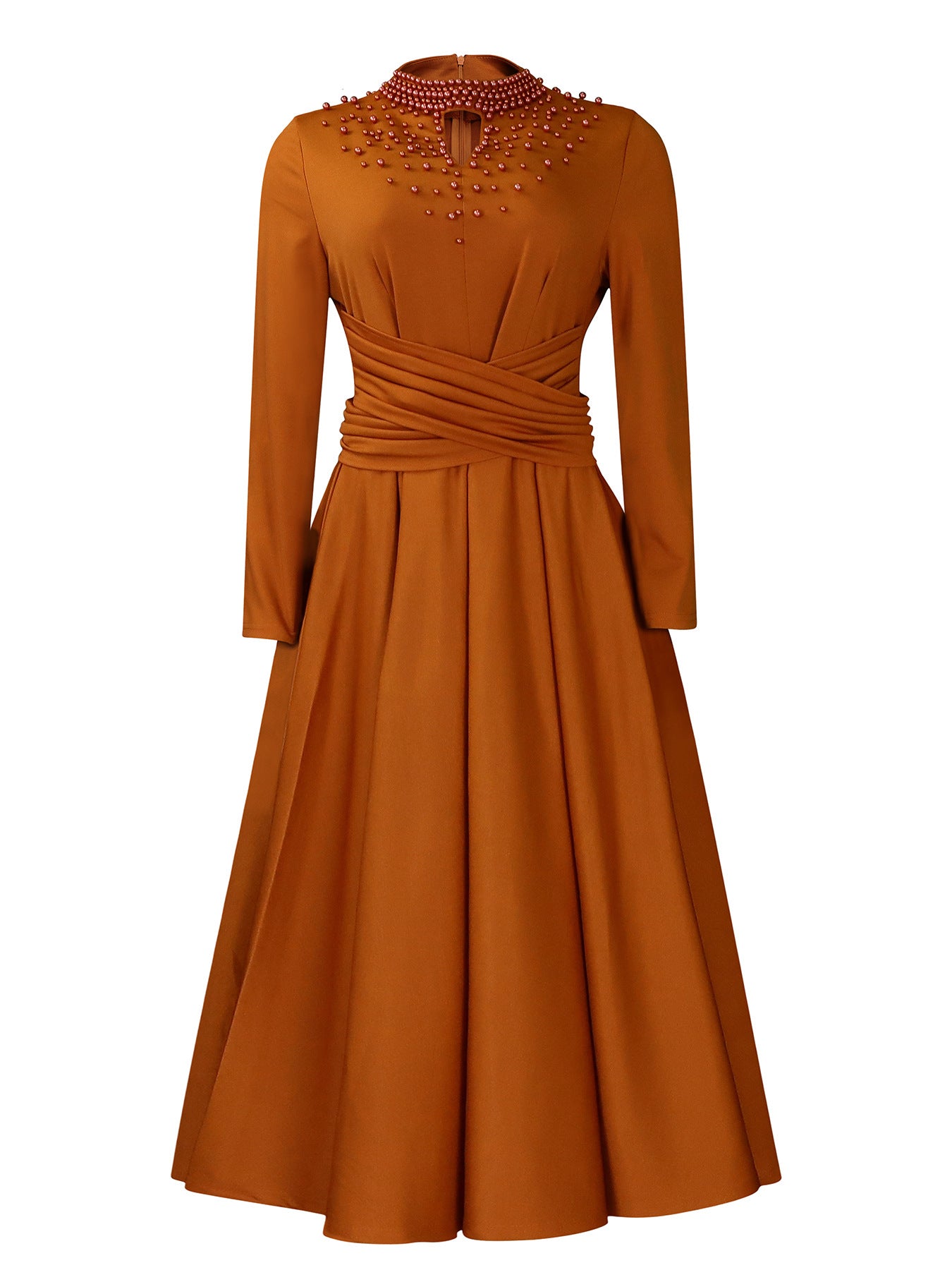 High Neck Flared Dress with Waist Gathering for Women