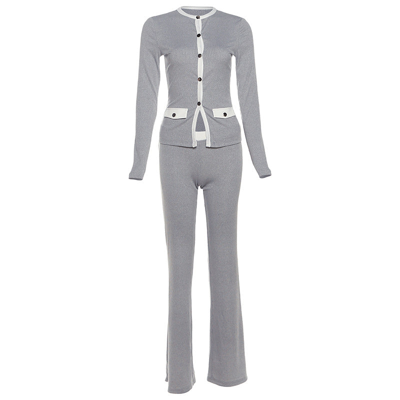 Round neck button contrasting cardigan long sleeved high waisted slim fit pants set