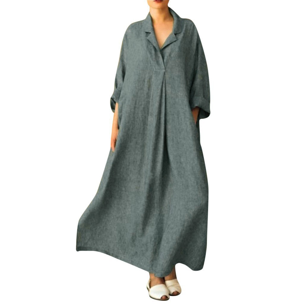 Women's Long Sleeve Loose Plus Size Shirt Dress Bohemian Ankle-Length Dress