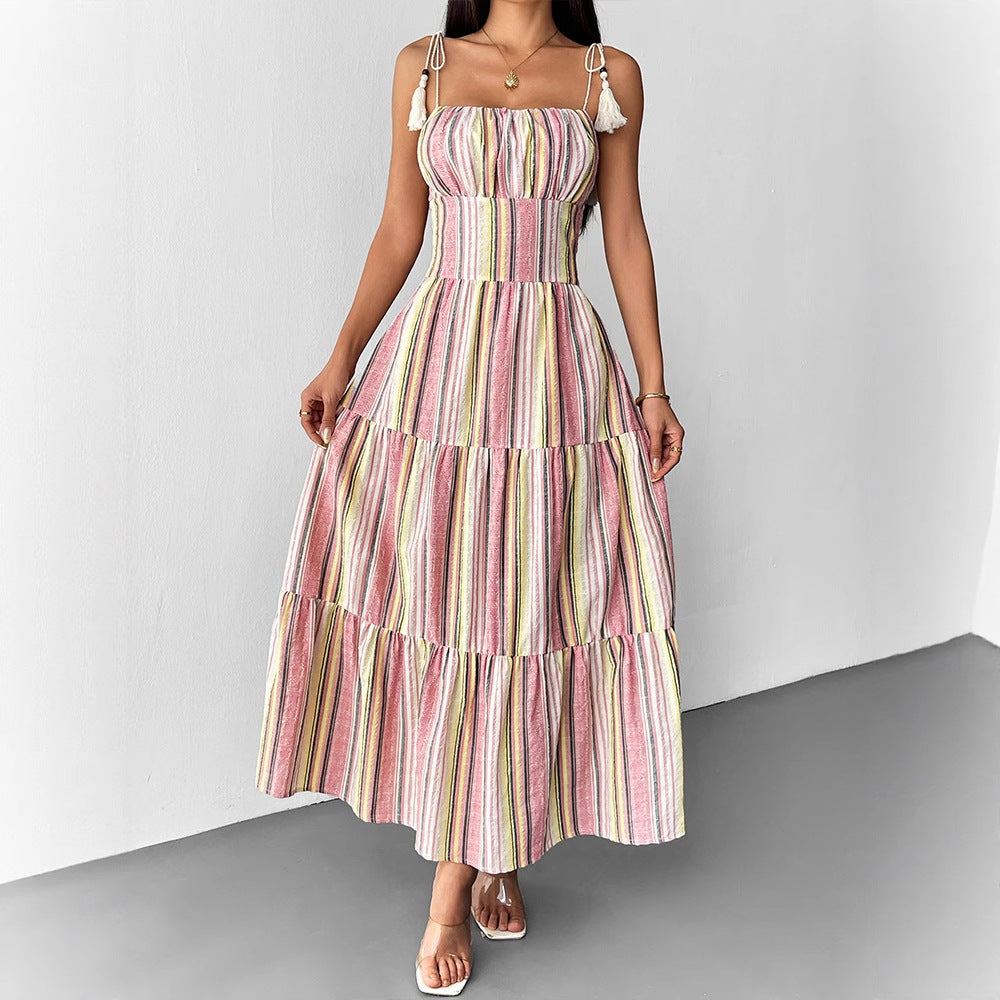 Stripe Charm Strapless Spliced Flared Long Dress for Women
