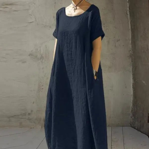 Women's Loose Plus Size Solid Color Round Neck Short Sleeve Waist Belt Slit Dress