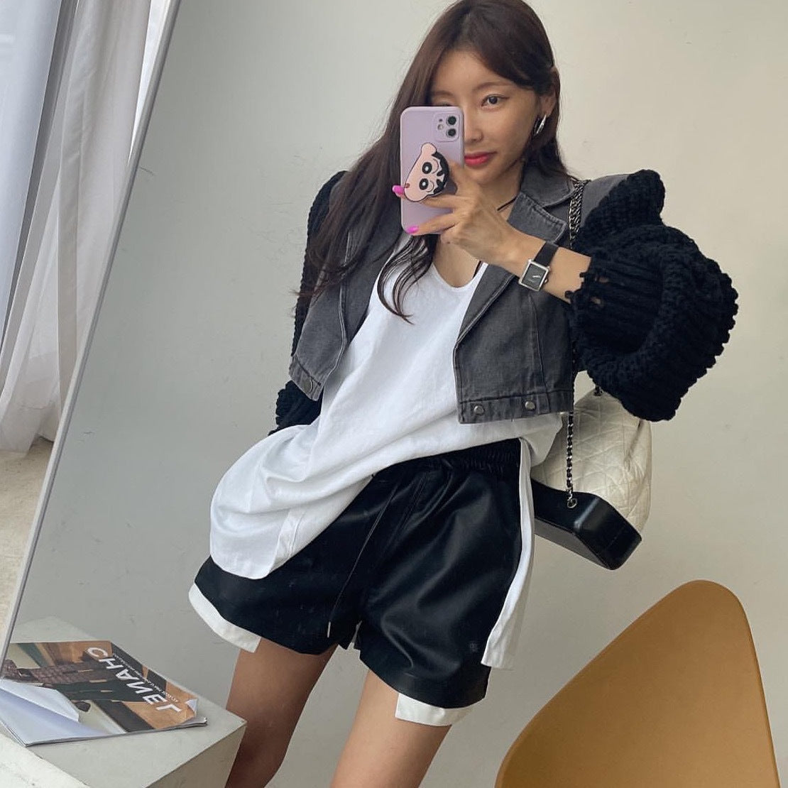 Autumn design sense splicing knitted sleeves loose niche casual jacket short denim jacket