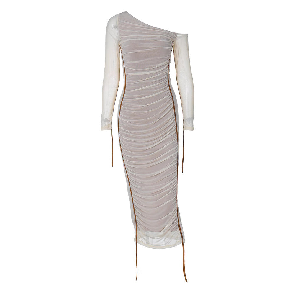Style Women's Long Sleeve Mesh Splicing Off-Shoulder Midi Dress Fashion Pleated Dress