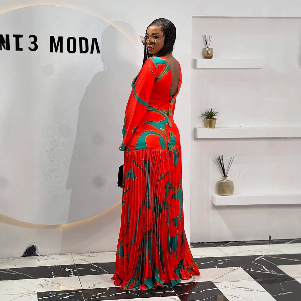 Printed Fitted Pleated Flared Backless Long Dress