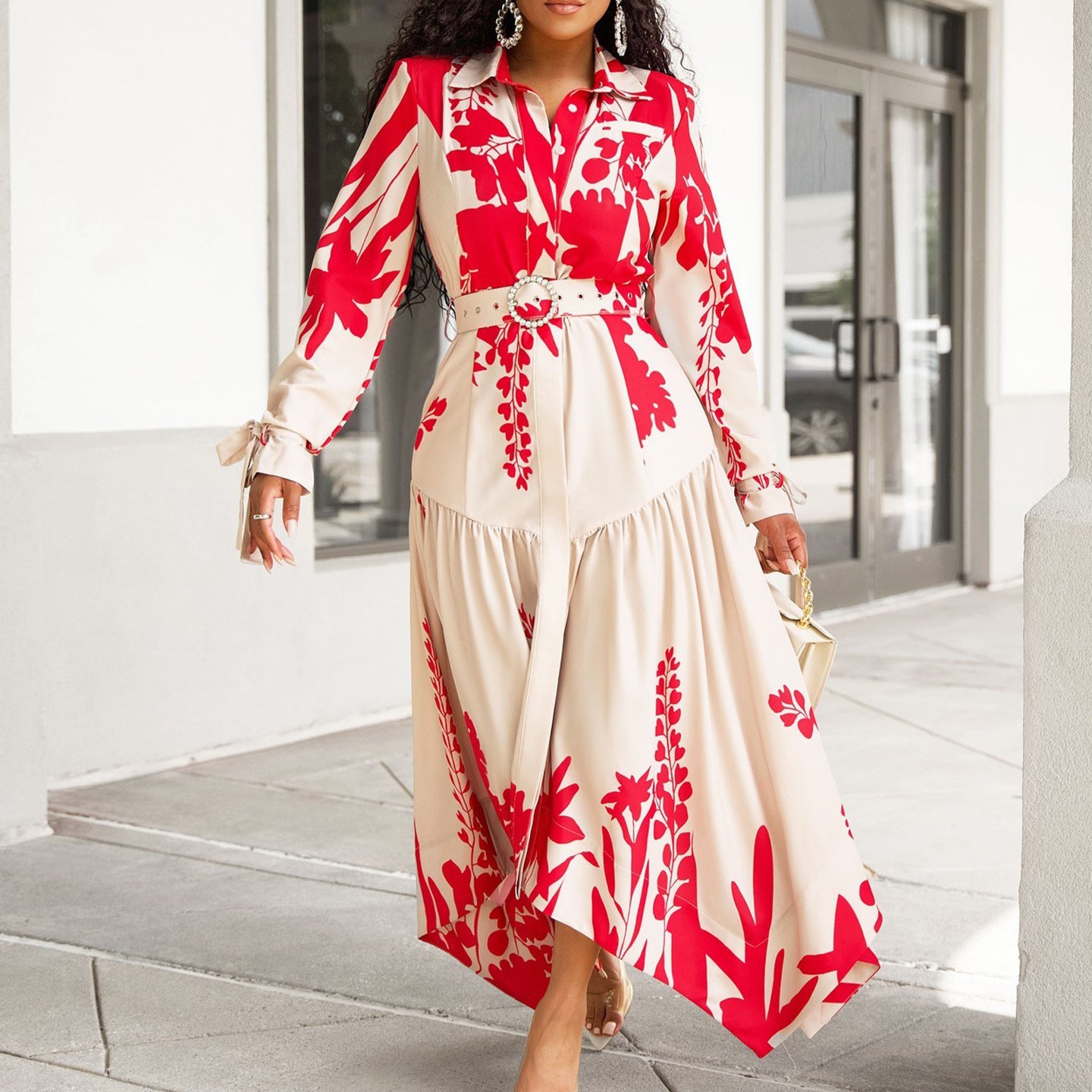 Long sleeved printed collar irregular loose dress
