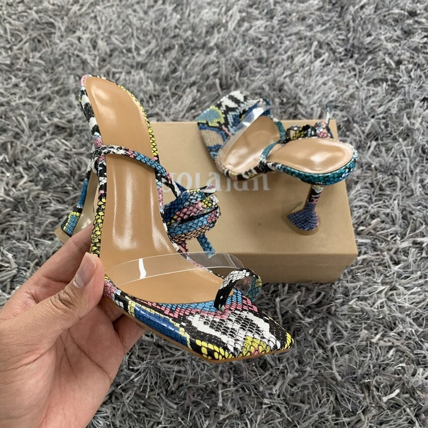 Women High Heels Sandals Summer Outside Snake Print Shoes Woman Lace-Up Cross Strap Gladiator Sandals 11.5CM Heels