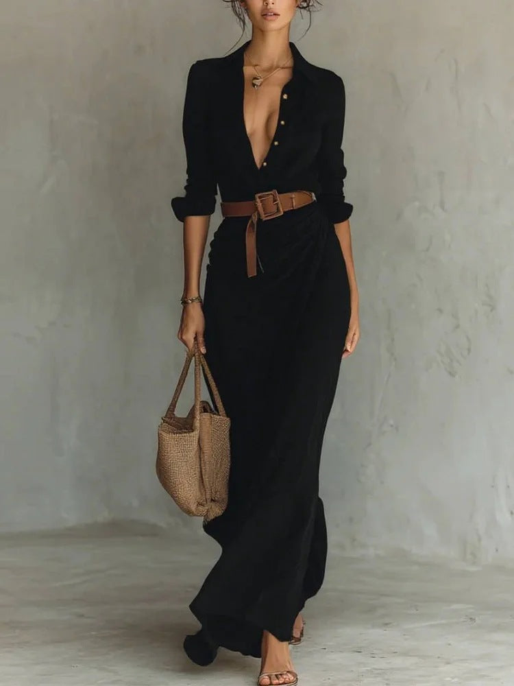 Elegant and Charming Irregular Pleated Solid Color Dress with Waistband