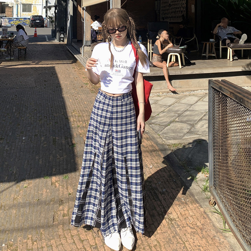 Plaid High-Waist A-Line Midi Skirt with Frayed Hem and Pleats