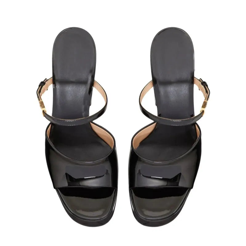 Summer New Women's High-heeled Thick Sole Waterproof Platform Patent Leather Women's Slippers Fashion Thick High-heeled Slippers