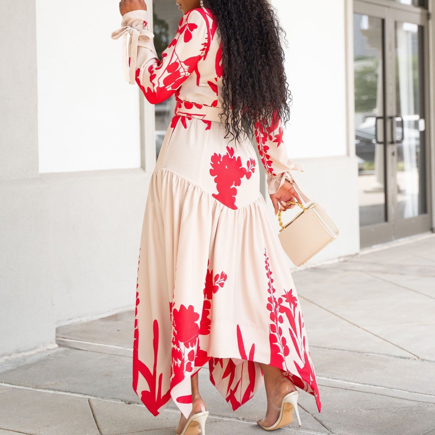 Long sleeved printed collar irregular loose dress
