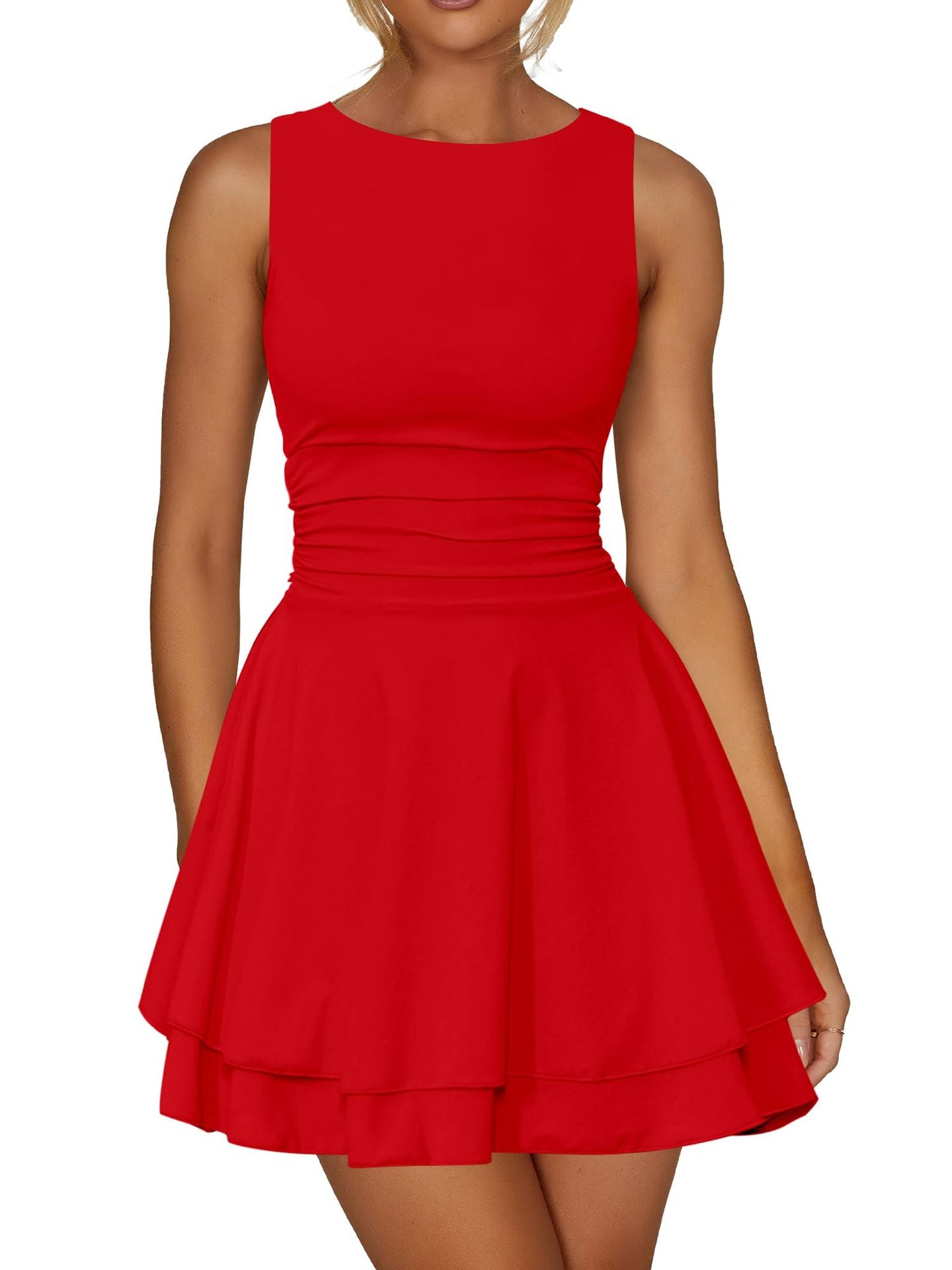 Elegant Casual Daily Round Neck Fitted Pleated Hem Solid Color Dress for Women