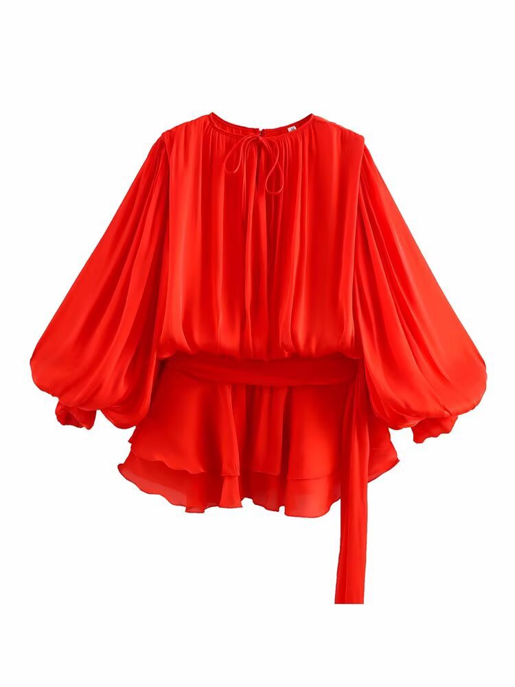 Round neck lantern sleeve lace up solid color dress for women