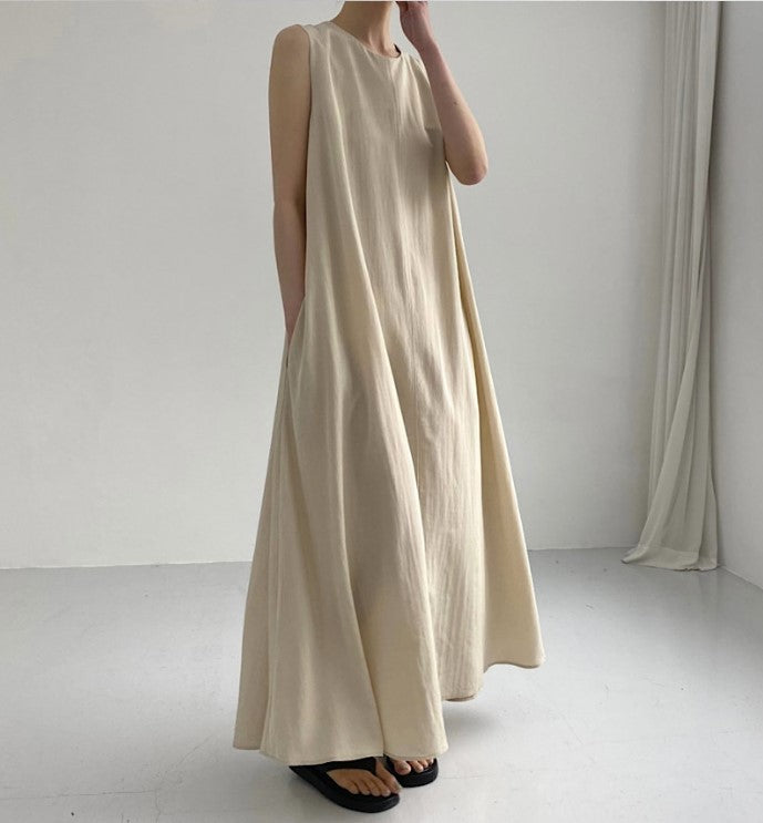 Loose Fit Sleeveless Pumpkin Color Long Cotton Linen Dress