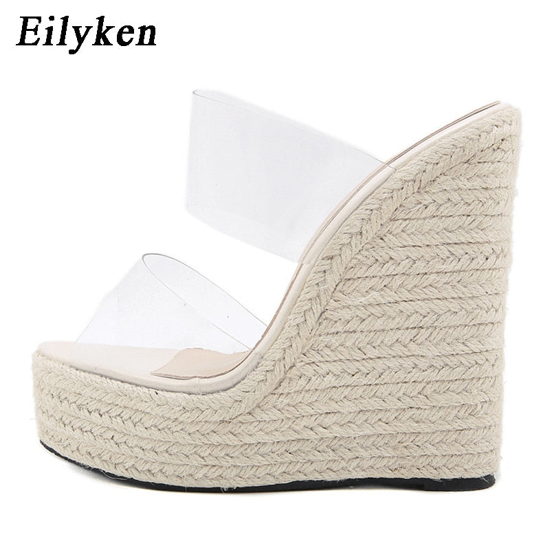 Summer PVC Transparent Peep Toe Cane Straw Weave Platform Wedges Slippers Sandals Women Fashion High Heels Female Shoes
