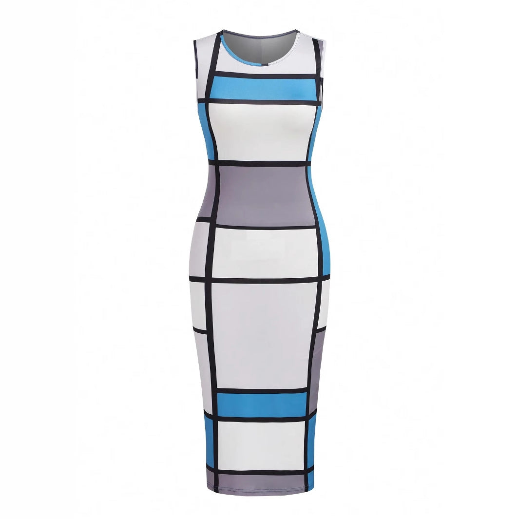 Color Block Plaid Sleeveless Round Neck Dress with Solid Color Long Sleeve Jacket