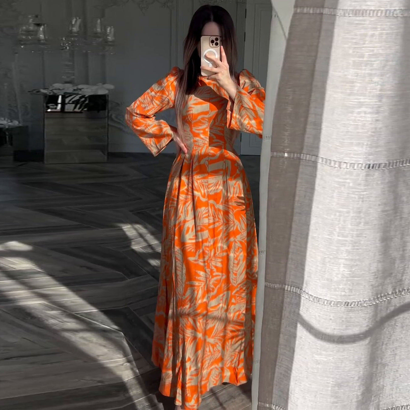 Elegant Long Sleeve High Waist Fitted Flared Dress