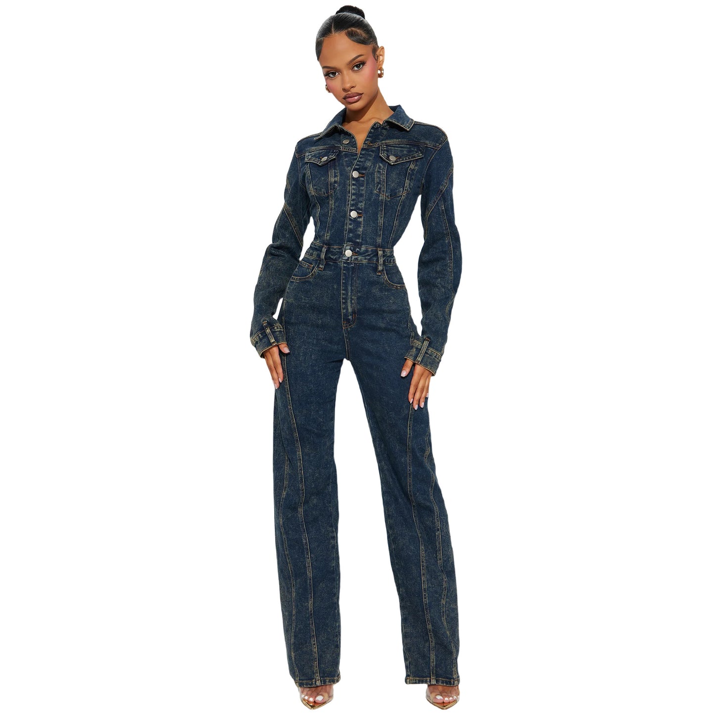 Loose elastic long sleeved denim jumpsuit