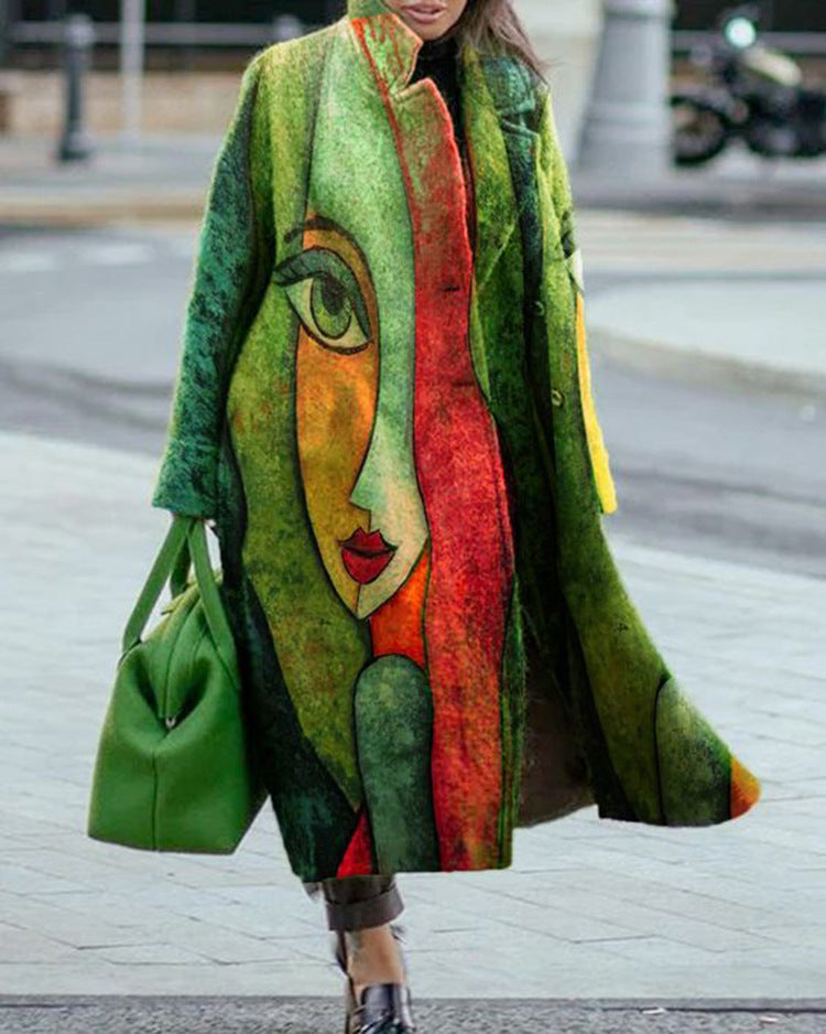 Autumn Women's Long Sleeve Lapel Coat Printed Woolen Coat