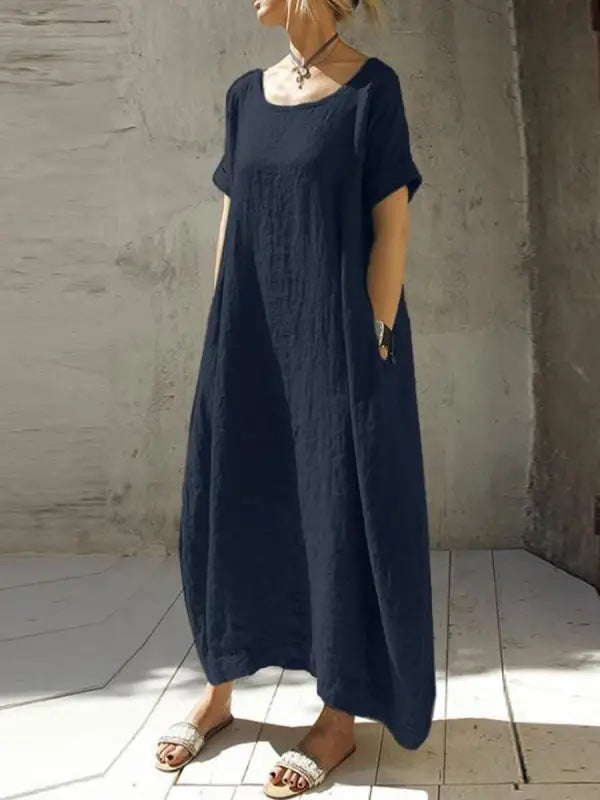 Women's Loose Plus Size Solid Color Round Neck Short Sleeve Waist Belt Slit Dress