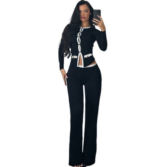 Round neck button contrasting cardigan long sleeved high waisted slim fit pants set