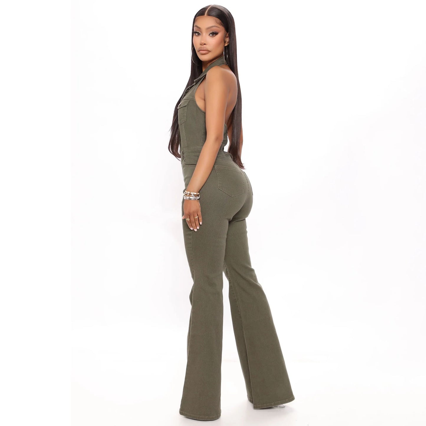 Women's denim high stretch sexy backless lapel workwear pants