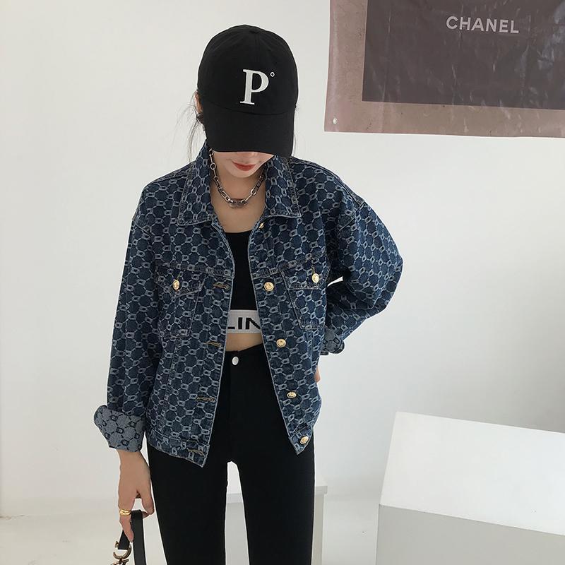 Full printed jacquard long sleeved denim jacket for women early autumn casual top spring and autumn denim jacket