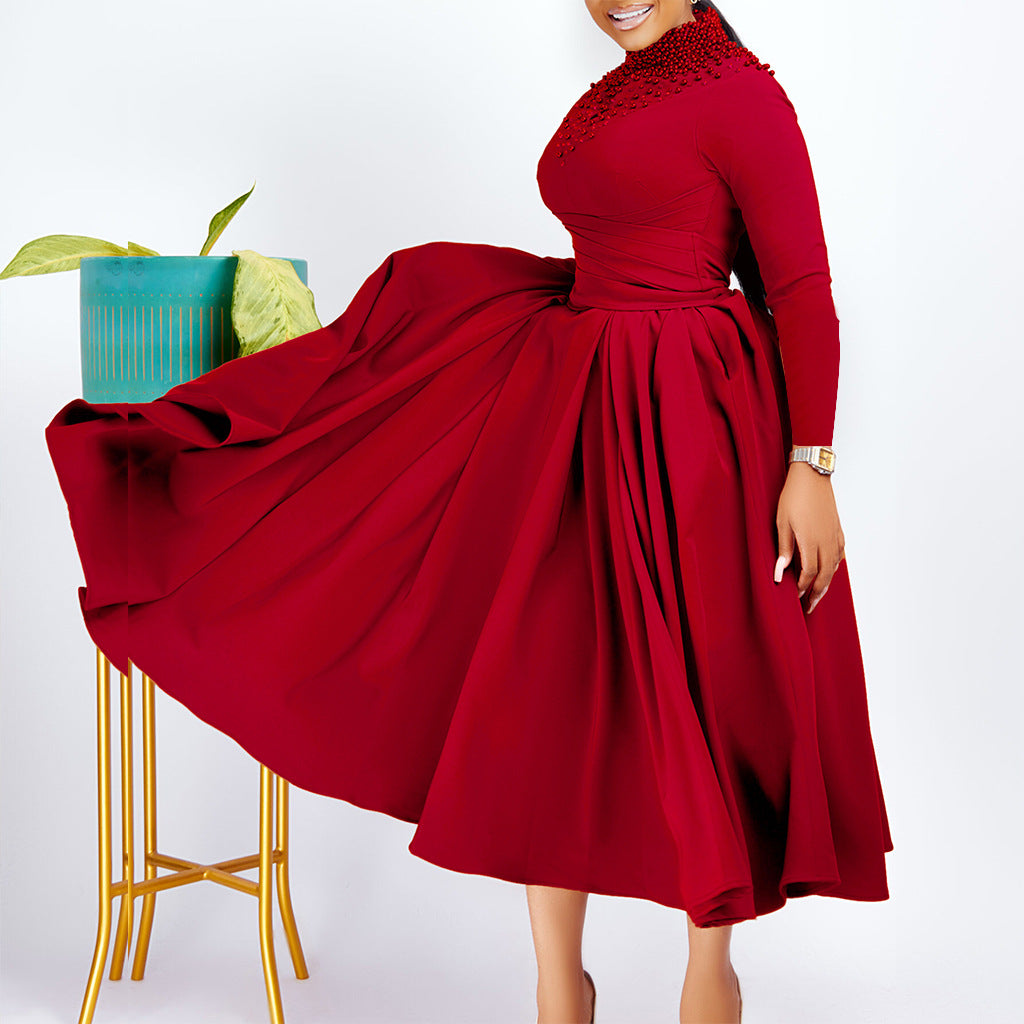 High Neck Flared Dress with Waist Gathering for Women