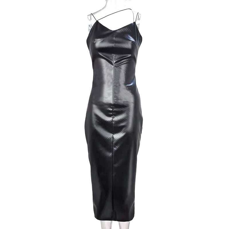Strap waist bag waist bag hip slit PU dress
