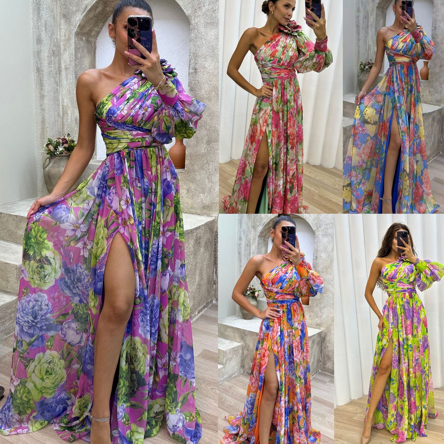 Casual Slit Dress for Autumn/Winter Gatherings INS Loose Multi-Color Off-the-Shoulder Dress