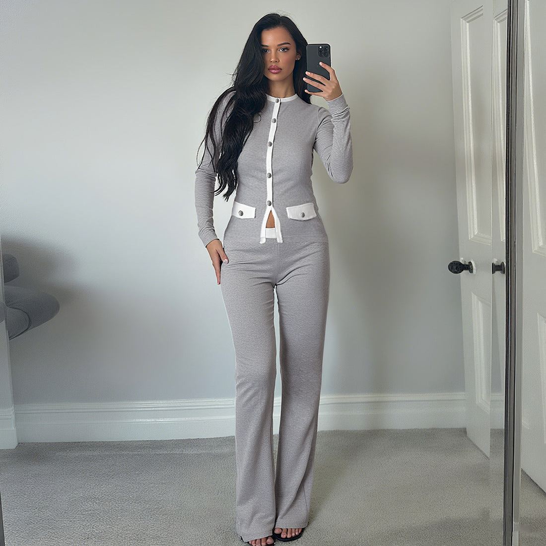 Round neck button contrasting cardigan long sleeved high waisted slim fit pants set