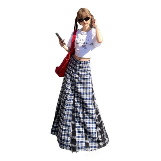 Plaid High-Waist A-Line Midi Skirt with Frayed Hem and Pleats