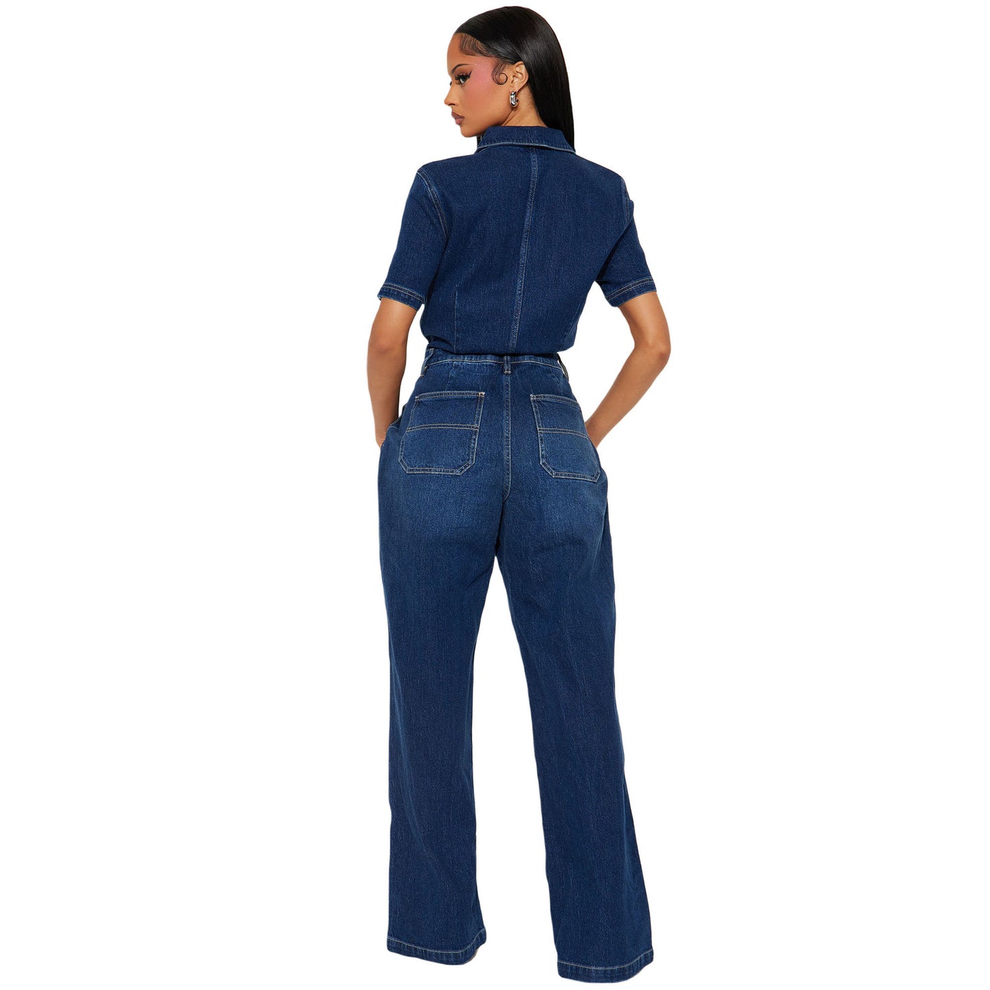 Wide leg tight waist slim fit elastic denim jumpsuit