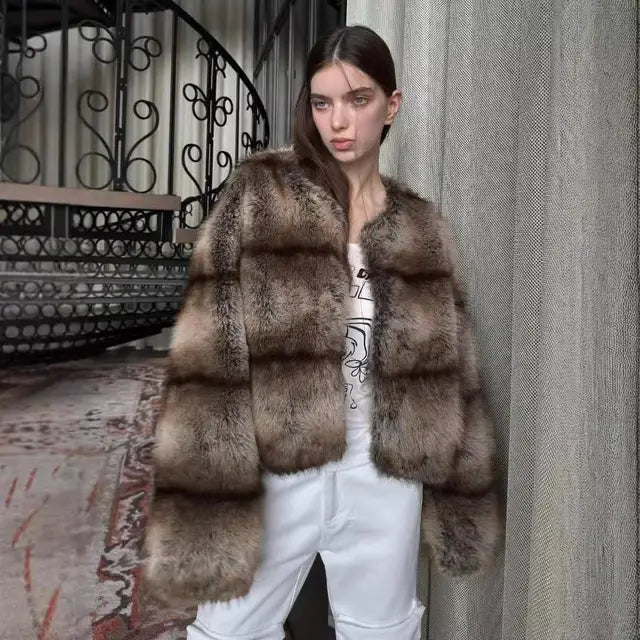Gradient Striped Faux Mink Fur Coat Maillard Lazy Style Eco-Friendly Long Fur Commute Loose Fashion Warm Women Coats Outwear