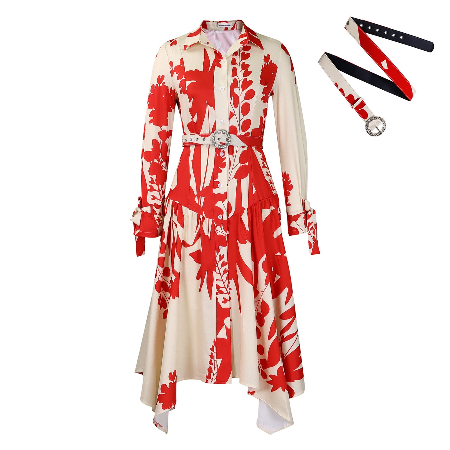 Long sleeved printed collar irregular loose dress
