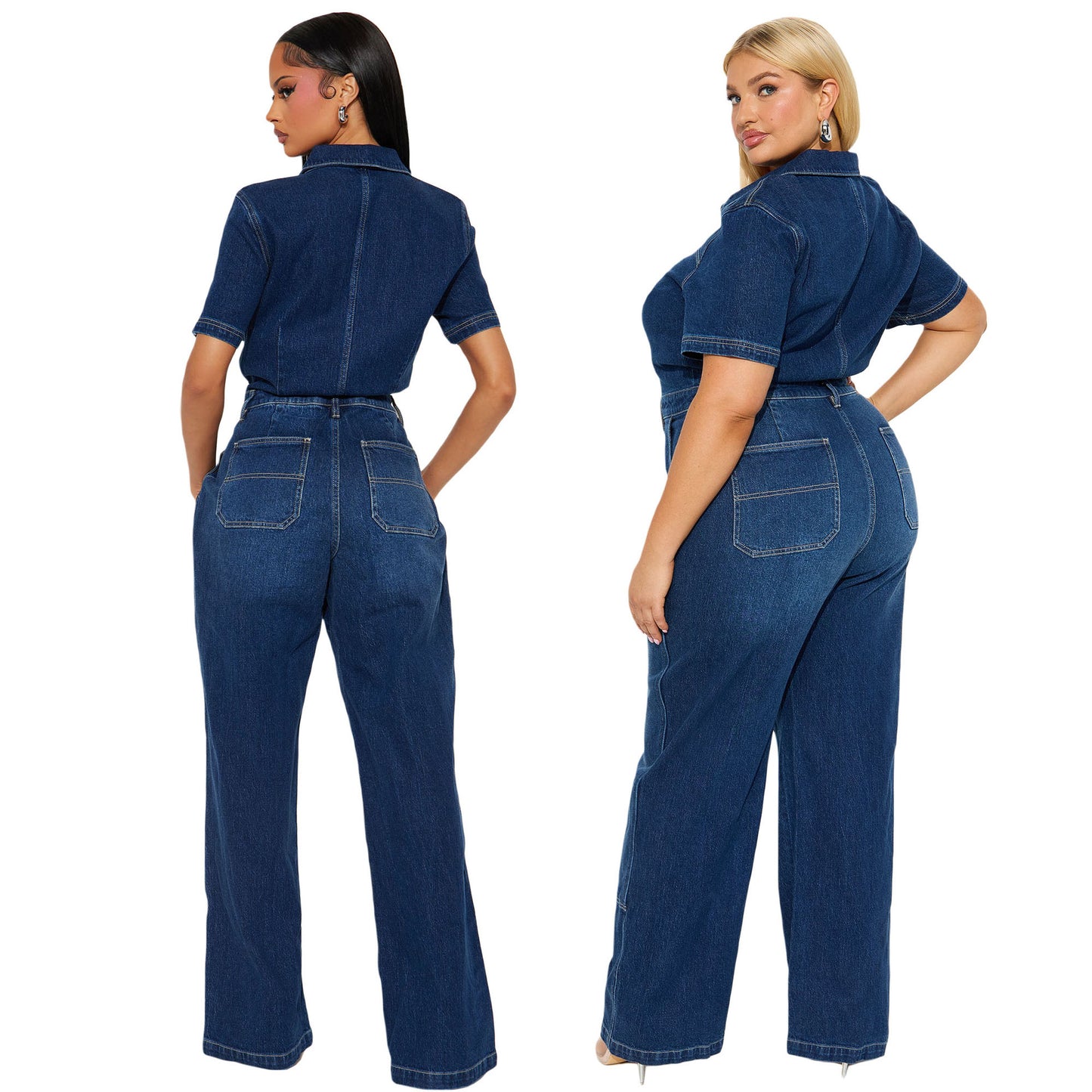 Wide leg tight waist slim fit elastic denim jumpsuit
