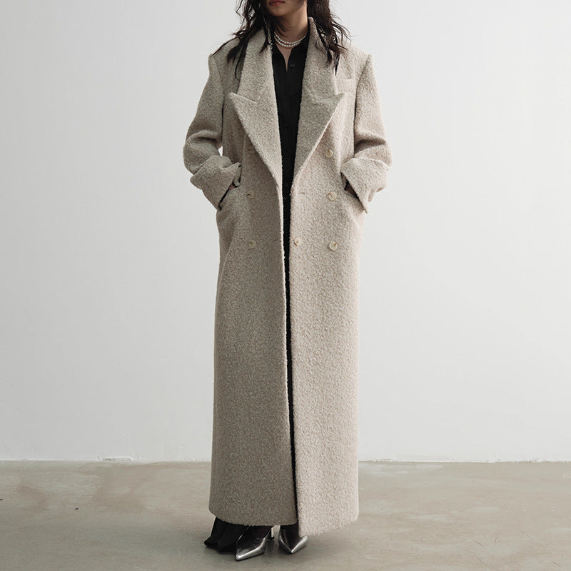 Street temperament, high-end woolen coat, women's winter new style, double breasted waist design, elongated jacket