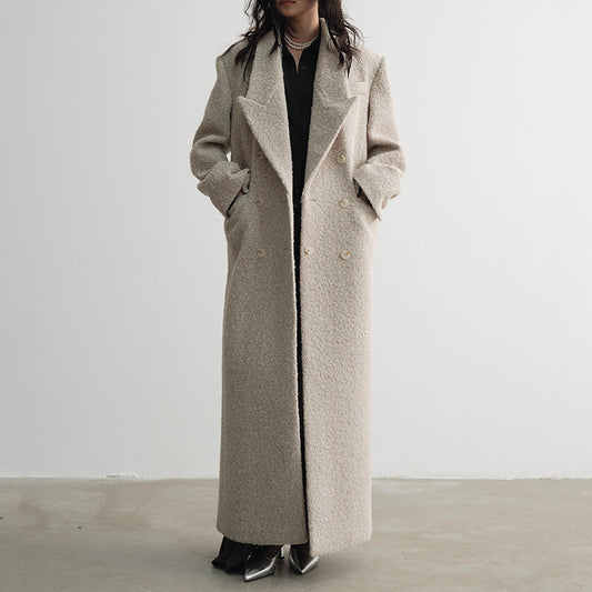 Street temperament, high-end woolen coat, women's winter new style, double breasted waist design, elongated jacket
