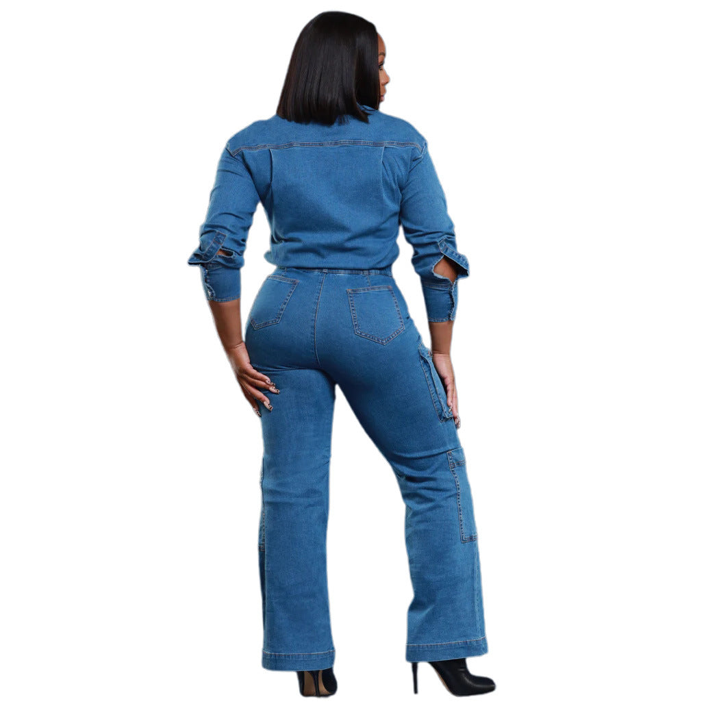 Loose elastic long sleeved workwear denim jumpsuit