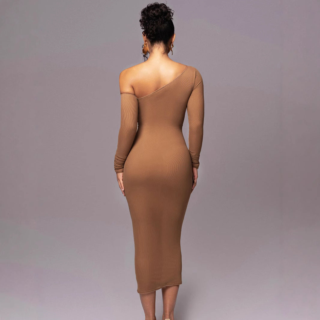 Style Women's Long Sleeve Mesh Splicing Off-Shoulder Midi Dress Fashion Pleated Dress