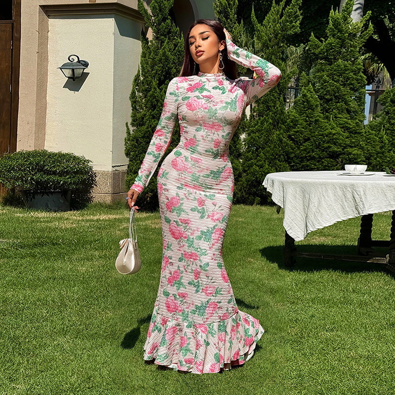 Long Sleeve Fitted Long Floral Dress for Women