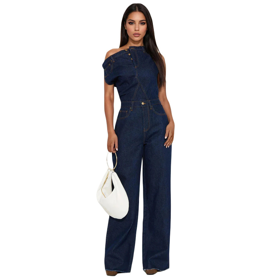 Strapless one shoulder slim fit denim jumpsuit
