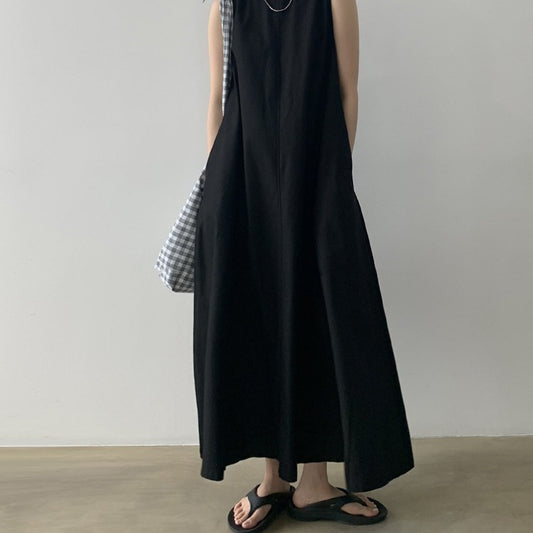Loose Fit Sleeveless Pumpkin Color Long Cotton Linen Dress