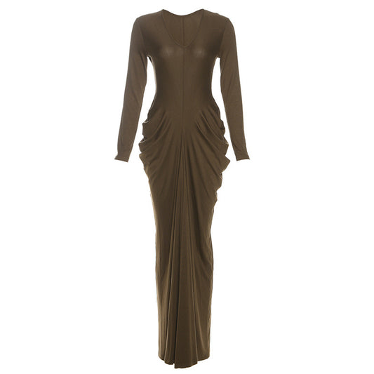 Wrinkled temperament long sleeved sexy waist cinched V-neck slim solid color dress