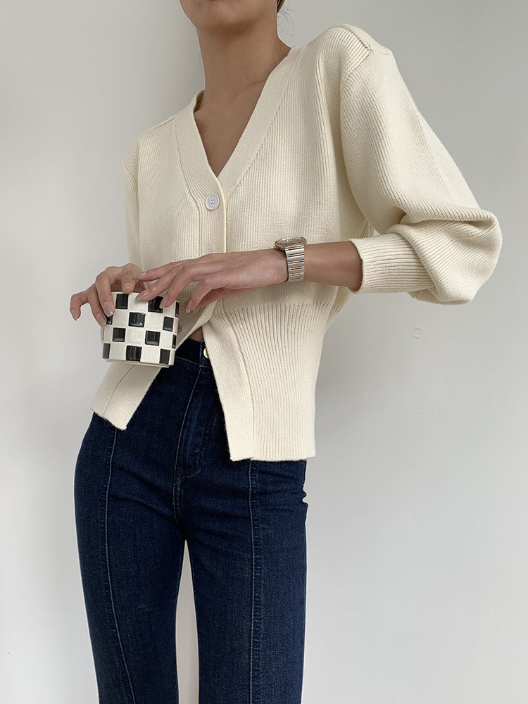 V-neck sweater jacket for women, loose and lazy inside, ins style waist cinched knit sweater, cardigan short style