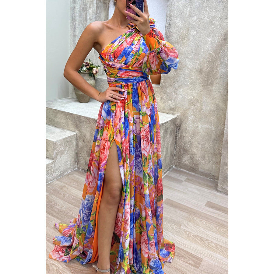 Casual Slit Dress for Autumn/Winter Gatherings INS Loose Multi-Color Off-the-Shoulder Dress