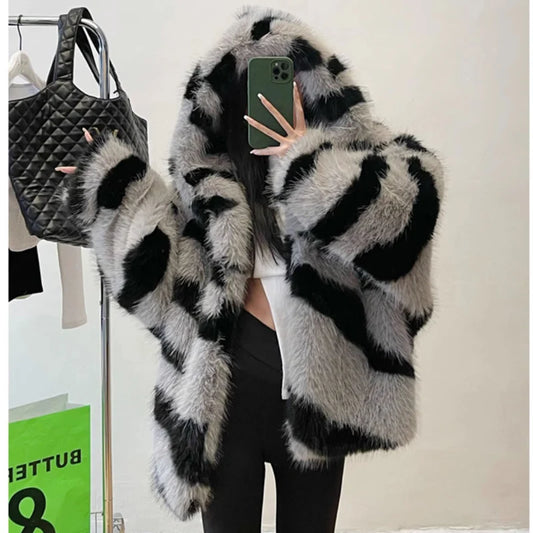 Women's fur coat Zebra print hooded fox fur coat young padded winter thermal jacket