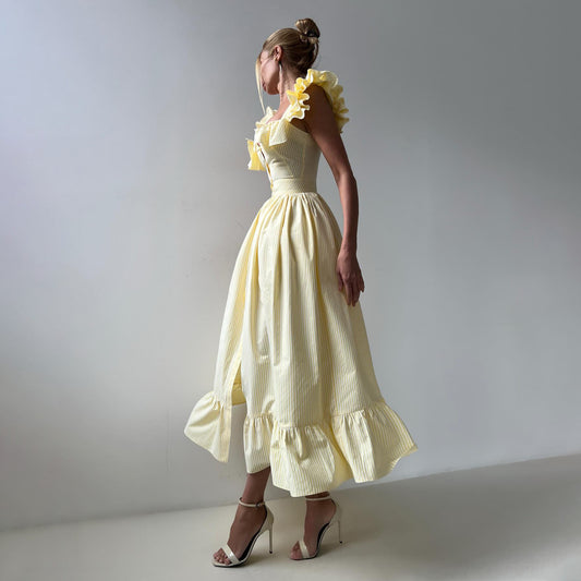 Commuting Leaf Hem Striped Dress with Double Design at Collar and Cuff for Women Summer