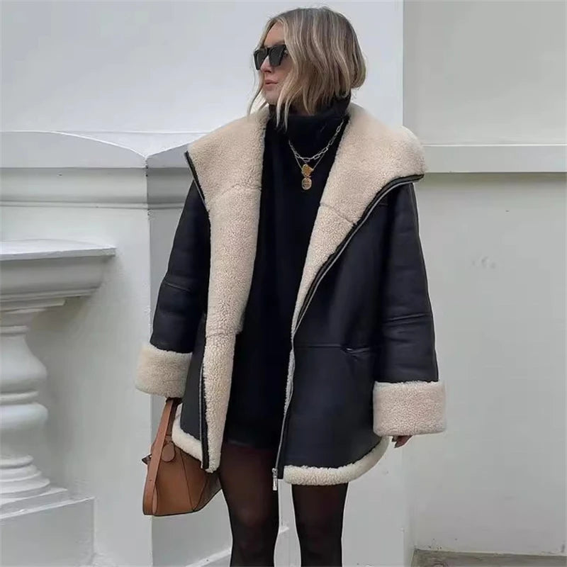 Autumn and winter New women's Cashmere collar composite leather jacket y2k high Quality ComfortableWarm Casual HighCollar Jacket