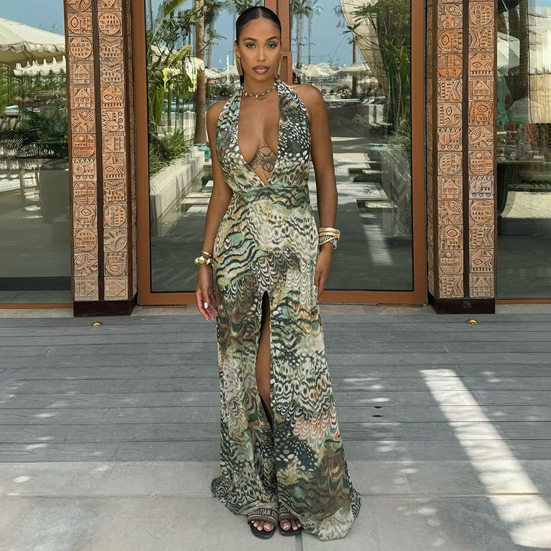 Deep V backless waist cinched slit long skirt abstract printed dress for women